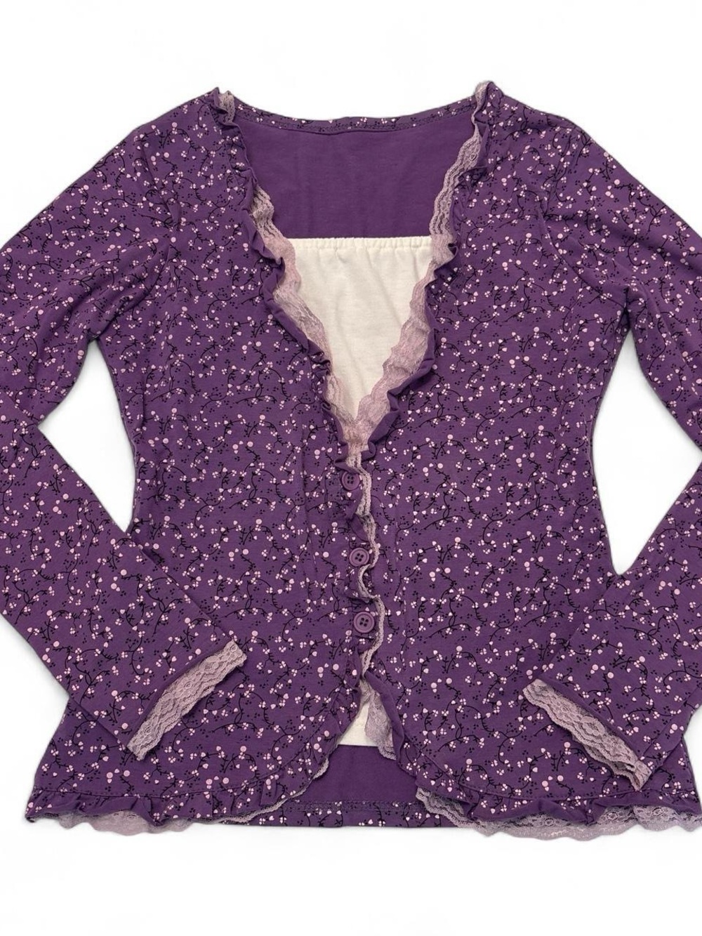 2000s Floral Lace-Trim Long Sleeve Top